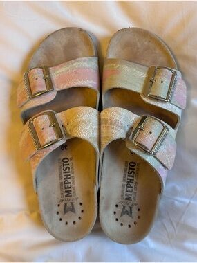 Mephisto Woman's Iridescent Pastel Double-Buckle, Leather Sandals Size 39